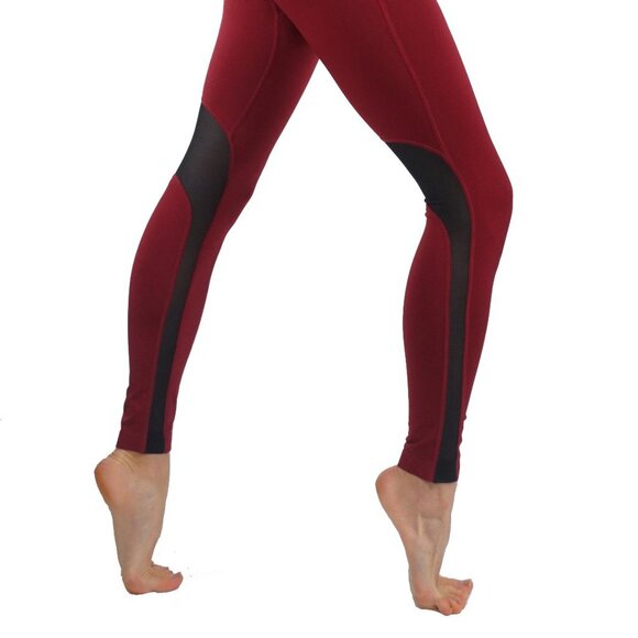 BURGUNY Workout Leggings With Mesh Solid - Picture 2 of 6